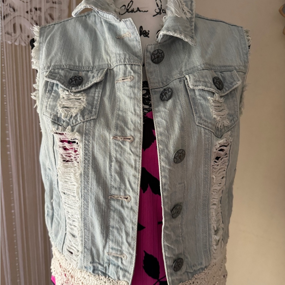 Vanilla Star Light Blue Distressed Denim Vest